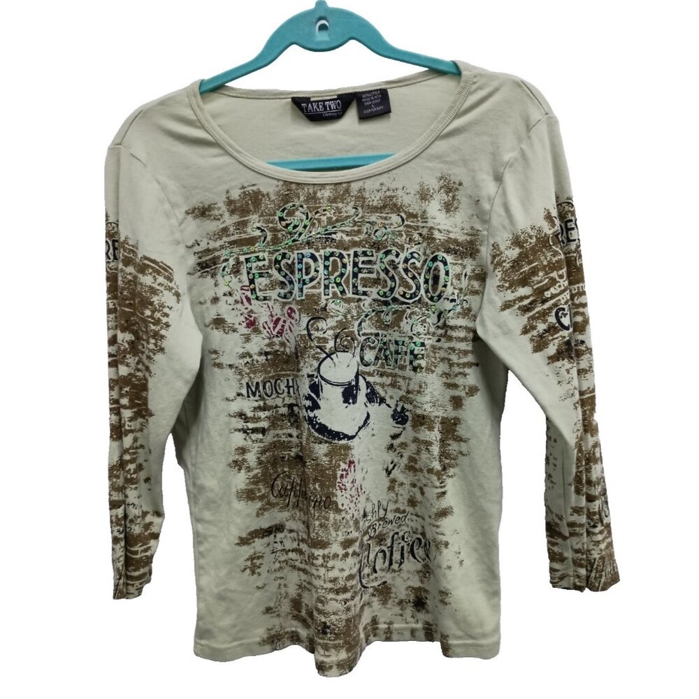 Take Two  Wearable Art Top Women Large Embellished Espresso Graphic Novelty Y2K‎